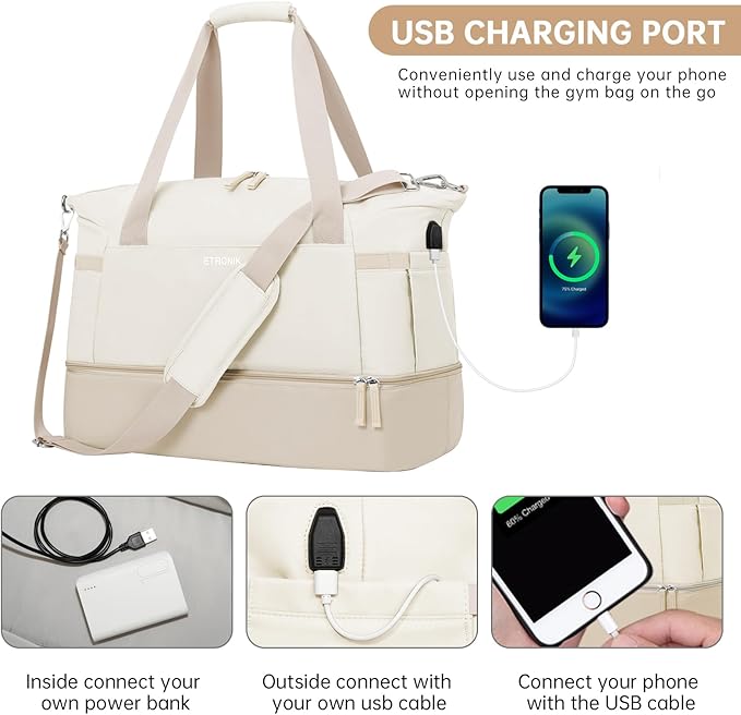 ETRONIK Gym Bag for Women, Personal Item Travel Bag with Shoes Compartment, Weekender Overnight Duffel Bag with Wet Pocket & USB Charging Port, Carry On Bag for Women, Travel, Gym, Weekend (Khaki)
