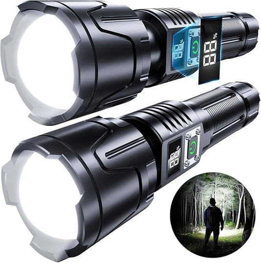 Rechargeable Flashlights High Lumens - 900000LM Super Bright Flashlight - LED Flashlight with LCD Display, Zoomable, Waterproof, Handheld Flashlights for Emergencies, Camping - 2 Pack, Medium