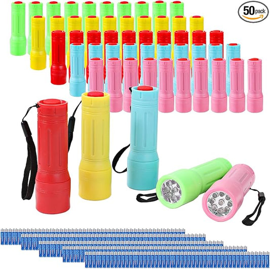 9-LED Mini Flashlight Bulk 50 Pack, Small Multicolor Kids Flashlights with Lanyard, Batteries Included, for Hurricane Supplies Party Favors, Kids Gift