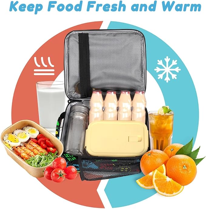 Insulated Lunch Bag for Boys - Reusable Lunch Box Water-Resistant Thermal Cooler Meal Tote Bag with Water Bottle Holder for School Picnic Travel (Colorful Video Game)