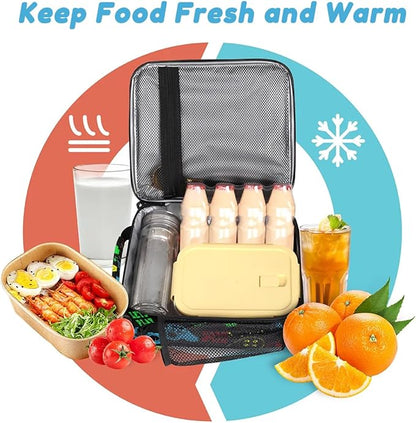 Insulated Lunch Bag for Boys - Reusable Lunch Box Water-Resistant Thermal Cooler Meal Tote Bag with Water Bottle Holder for School Picnic Travel (Colorful Video Game)