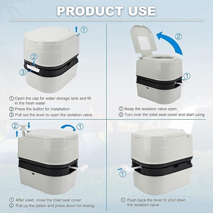 Portable Toilet RV Potty, 6.4 Gallon 24L Piston Pump Flush with Level indicator Detachable Anti-Leak Handle Water Pump,Rotating Spout Indoor & Outdoor Hiking Toilet for Camping, Fishing Travel