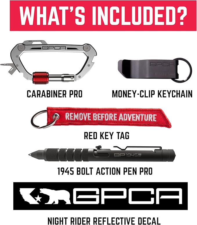 GPCA Adventurer EDC Gear Kit Deal, Includes GP Money Clip,GP 1945 Bolt Action Pen Pro,Red Key Tag, Steel Carabiner Keychain, and Night Rider Decal, Heavy-Duty Tools for Outdoors