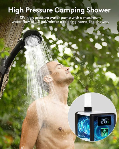 High Pressure Camping Shower, Portable Outdoor Shower with High-Speed Brushless Motor - 6000mAh, 2000RPM Water Pump, 3 Spray Settings for Hiking, Car Wash, Pet Cleaning, Beach Vacations