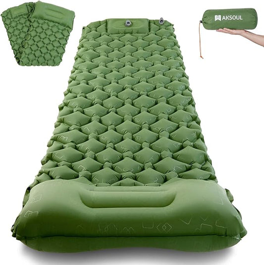 AKSOUL Camping Ultralight Sleeping Pad: Compact Portable Self Inflatable Sleep Mat with Built-in Foot Pump, Lightweight Single Pad for Camping, Traveling, Outdoor Activities (Green)