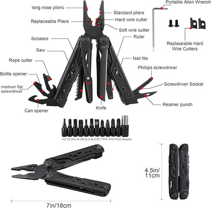 32-in-1 Wingman Multitool with Spring-Action Pliers and Scissors.Premium Replaceable screwdriver head and Wire Cutters Saw.Wave+ Stainless steel multi tools with Nylon sheath(Black)