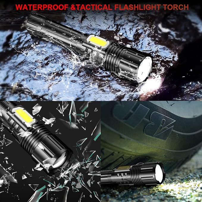 Rechargeable LED Tactical FLashlight 8000 High Lumens, Super Bright LED Flashlight with Power Display, Zoomable, COB Work Light,Waterproof,5 Modes,Powerful Handheld Flashlight for Camping 2 Pack