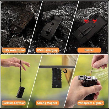 LED Small Powerful EDC Flashlight with 365nm UV Light,13 Mode,USB C Rechargeable 1000 LM Mini Pocket Keychain Flash Light with Clip,IP67,Magnetic,Lanyard,Buzzer,Arc Lighter for Camping Hiking Gear