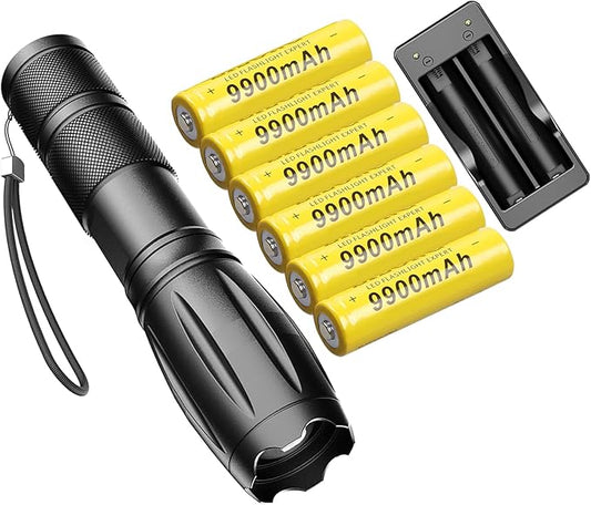 LED Rechargeable Flashlight Set, Bright 8000 Lumens 18650 Flashlights High Lumens with 5 Modes, Waterproof Flashlights for Outdoor Hiking 9900mAh Ba￵tter￵y