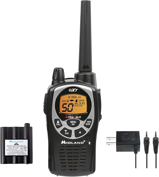 Midland® - GXT1000AZ - 50 Channel GMRS Two-Way Radio - Long Range Walkie Talkie with 142 Privacy Codes, SOS Siren, and NOAA Weather Alerts and Weather Scan (Black/Silver, Single Pack)