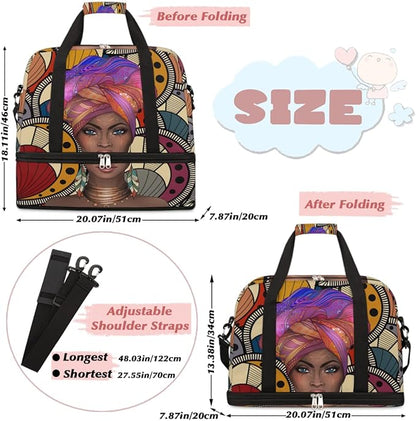 Travel Duffel Bag African Afro Woman Sport Gym Bag for Woman Man,Waterproof Foldable Weekend Overnight Bag for Yoga Workout Training with Shoe Compartment