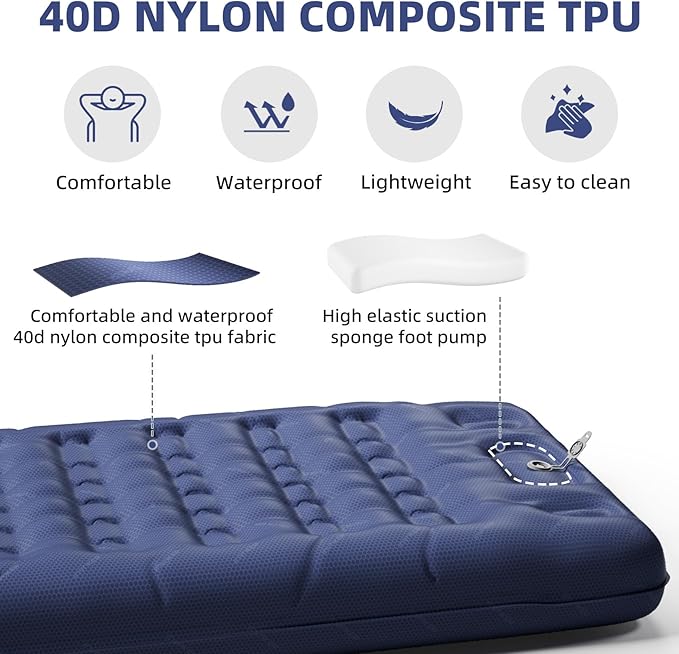 INVOKER 5.12" Camping Sleeping Pad, Ultralight Inflatable Camping mat with Built-in Foot Pump, for Camping, Backpacking, Hiking, Car Travel, Beach, Blue