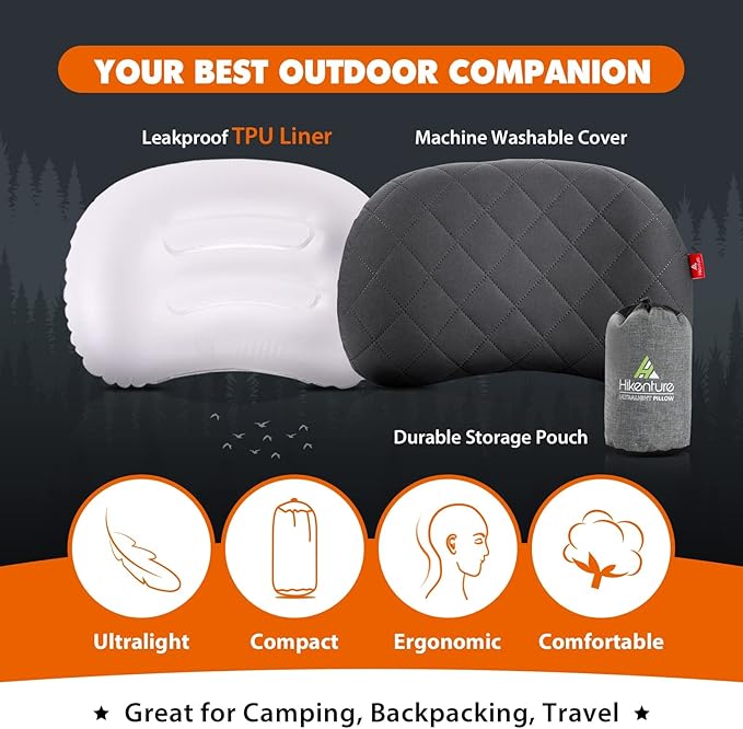 Hikenture Camping Pillow, Inflatable Air Pillow with Removable Cover, Backpacking Pillow for Sleeping, Ultralight Blow Up Pillows, Portable&Compact Hiking Pillow for Beach, Travel, Outdoor(Grey)