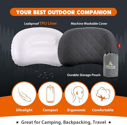 Hikenture Camping Pillow, Inflatable Air Pillow with Removable Cover, Backpacking Pillow for Sleeping, Ultralight Blow Up Pillows, Portable&Compact Hiking Pillow for Beach, Travel, Outdoor(Grey)