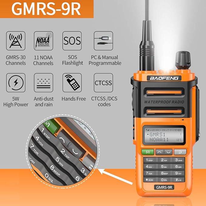 Baofeng GMRS-9R GMRS Radio Waterproof IP67 5W Rechargeable Two Way Radio for Adults,NOAA Scanning&Receiving,GMRS Repeater Capable with Extra Tactical Antenna,2800mAh Battery,Speaker Mic Orange
