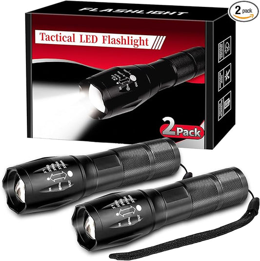 2 Pack Tactical Flashlights Torch, Military Grade 5 Modes 3000 High Lumens Led Waterproof Handheld Flashlight for Camping Biking Hiking Outdoor Home Emergency