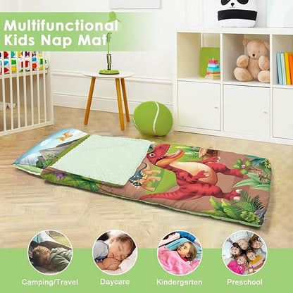 Kids Sleeping Bag Toddler Nap Mat with Removable Pillow, Large Foldable Sleeping Bag for Girls Boys, Easy Clean Slumber Bag with Double Zip for Camping School Preschool Daycare, 59×24 inch
