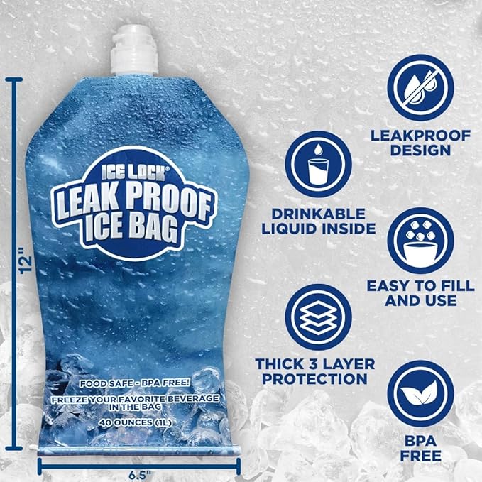 Leak Proof Ice Bag Reusable (2.5 lbs) - Premium Lunch Box Ice Packs Reusable - 40 oz Refillable Collapsible Water Bottles (Pack of 2)
