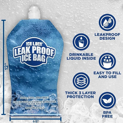 Leak Proof Ice Bag Reusable (2.5 lbs) - Premium Lunch Box Ice Packs Reusable - 40 oz Refillable Collapsible Water Bottles (Pack of 2)