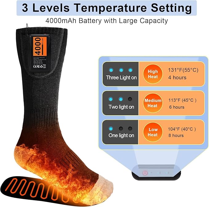 Heated Socks for Men Women, 4000mAh Rechargeable Battery Heat Insulated Sox, Winter Washable Thermal Socks Foot Warmer for Outdoor Camping Skiing Fishing Hunting Winter Sports