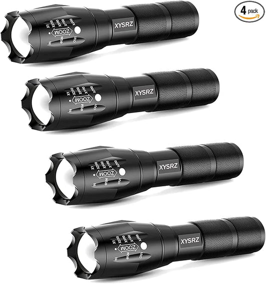 LED Flashlight, Tactical Flashlight 3000 Lumens Single Mode Zoomable Bright EDC Flashlight for Emergency Outdoor Camping Hiking, 4 Pack