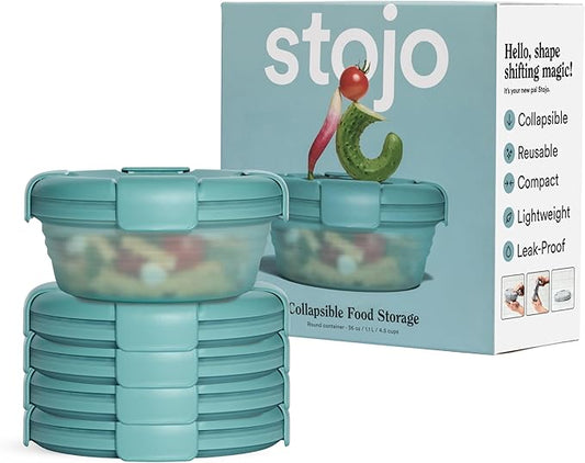 STOJO Collapsible Bowl 5 Set - Translucent Eucalyptus, 36oz - Reusable Silicone Bowl for Hot and Cold Food - Perfect for Travel, Meal Prep, To-Go Lunch, Camping & Hiking - Microwave & Dishwasher Safe
