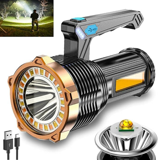 LED Flashlight USB Rechargeable, Super Brightest Flashlight with Sidelight and Hooks, 8 Modes Lighting, 19X LED, High Powered, Waterproof Tactical Torch Camping Portable Handheld