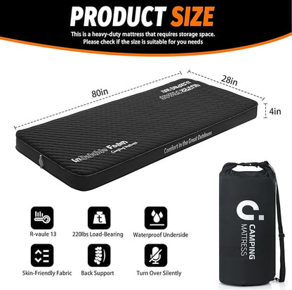 Self Inflating Sleeping Pad, 4in Ultra-Thick Foam Camping Single Mattress with Air Pump Sack, Sleeping Mats for Adults Inflatable Camping Pad Mattress, Cot Bed, Travel, Car, Tent, Home, Black