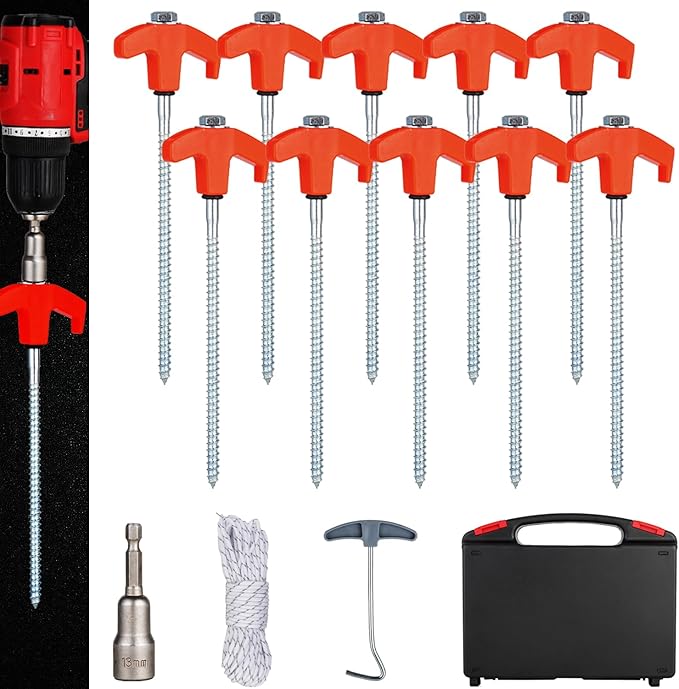 10PCS Camping Tent Stakes Heavy Duty,8 Inch Screw in Tent Stakes Heavy Duty,Nightglow Metal Tent Stakes,with Hex Head Driver,Nail Lifter,Ropes,Orange
