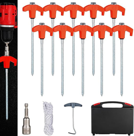 10PCS Camping Tent Stakes Heavy Duty,8 Inch Screw in Tent Stakes Heavy Duty,Nightglow Metal Tent Stakes,with Hex Head Driver,Nail Lifter,Ropes,Orange