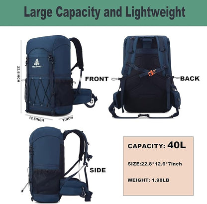Bseash 40L Waterproof Hiking Backpack with Rain Cover, Outdoor Sport Travel Bag Daypack for Camping Climbing Skiing Cycling (Navy Blue)