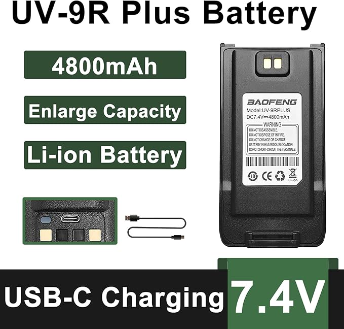 BAOFENG UV-9G Battery USB-C Charger Enlarge 4800mAh Capacity Thicken BL-9 Li-ion Battery for UV-9R Plus GMRS-9R Accessories BF-T57 Walkie Talkie Battery for Adult