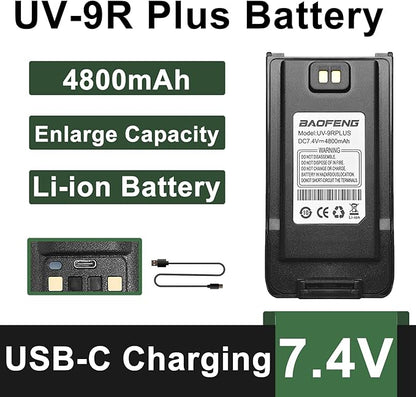 BAOFENG UV-9G Battery USB-C Charger Enlarge 4800mAh Capacity Thicken BL-9 Li-ion Battery for UV-9R Plus GMRS-9R Accessories BF-T57 Walkie Talkie Battery for Adult