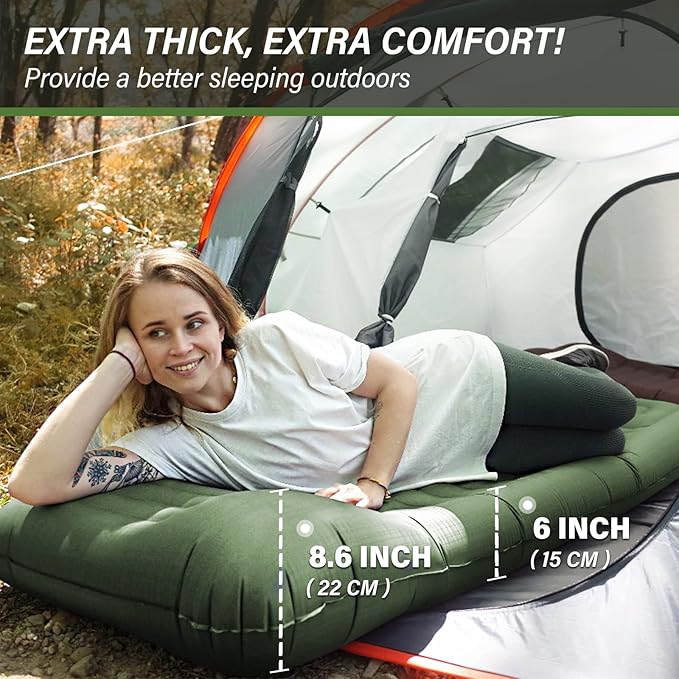 TOBTOS Self Inflating Camping Sleeping Pad with Pillow, Thick 6 Inch Ultralight Sleeping Pad with Built-in Pump, Lightweight Sleeping Mat for Camping, Backpacking, Hiking, Tent (Green)…
