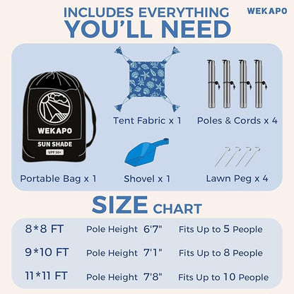 WEKAPO Beach Tent Sun Shelter - Easy Setup Beach Canopy with 4 Sturdy Poles, Large Sandbags and Shovel, 6'7'' Tall, Windproof Sun Shade for Backyard and Camping, UPF 50+ Protectio