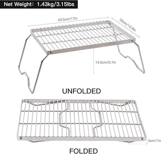 REDCAMP Large Folding Campfire Grill 304 Stainless Steel Grate, Heavy Duty Portable Camping Grill with Carrying Bag