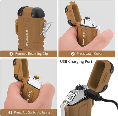 Extremus Blaze 360 Rechargeable Electric Lighters, Dual Arc Lighter, Windproof Plasma Lighter, Waterproof Flashlight Lighter, Flameless Lighter with Whistle Lanyard for Camping (Brown)