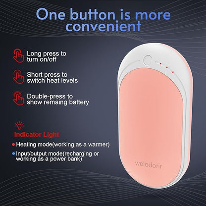 Hand Warmers USB Rechargeable 5200 mAh 1 Pack Electric Portable Reusable Pocket Power Bank Double-Sided Heaters for Heat Therapy Great, Raynauds, Hunting, Golf, Camping, Women Mens Winter Gifts