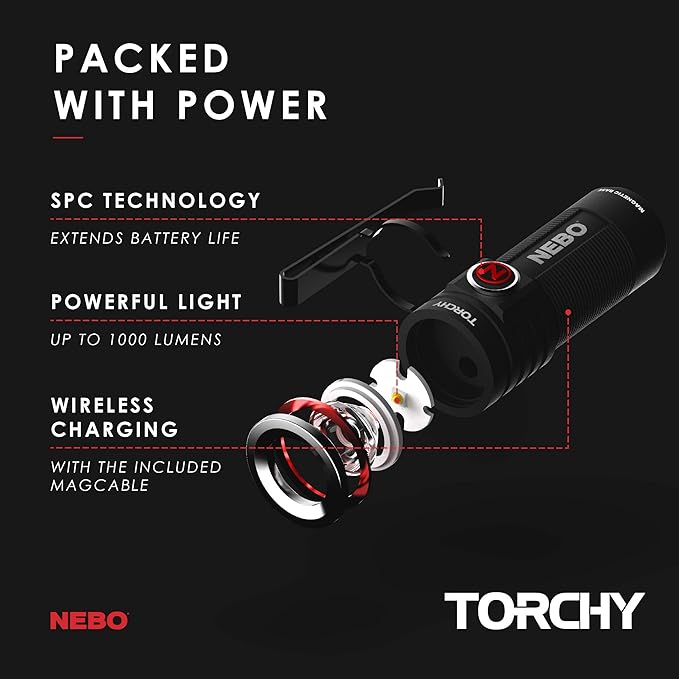 NEBO Torchy 1,000-Lumen Pocket Flashlight, LED Rechargeable Flashlight for EDC & MYCRO USB Rechargeable LED Keychain Light, Tactical Keyring Flashlight Features 6 Light Modes High Lumens –Red