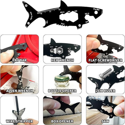 15-in-1 V15 Shark Shape Multitool, EDC Carabiner Camping Gadgets, Key Opener, Keychain Tool No Knife for Kids, Unique Gifts for Everyone Who Wants Nothing. (shark)