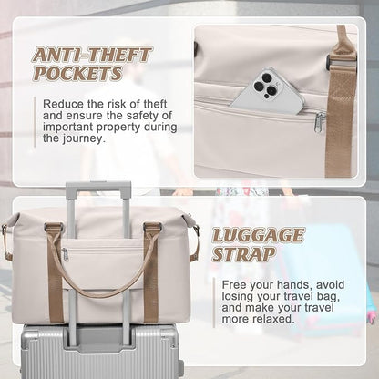Sports Duffel Bags for Women Beige Weekender Travel Totes Bag for Airplane, Cute Sports Gym Dance Overnight Luggage Bag with Wet Pocket, Carry On Hospital Bag for Labor and Delivery