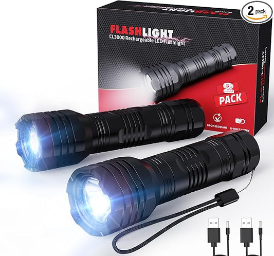 Roxicosly 2 Pack Rechargeable LED Flashlights, Small Handheld Flashlights for Home Emergencies, Powerful Flashlights with 2000mAh Built-in Battery, IP68 Waterproof