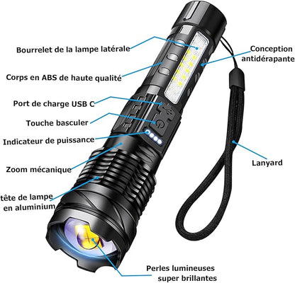 A76 Rechargeable Flashlights 20000 High Lumens - Brightest LED Flash Light 7 Modes with COB Side Light，High Powered Handheld Flashlight for Emergency Camping
