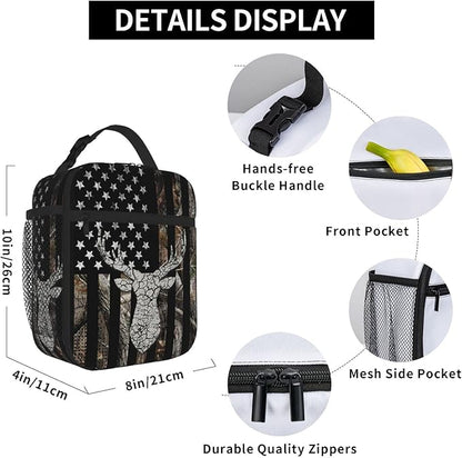 SARA NELL Hunting Camo Deer Insulated Lunch Bag Camouflage American Flag Lunch Cooler Box for Women Men Teens Kids, Reusable Lunch Tote Bag, Insulated Lunch Bags for Work, Picnic, School or Travel