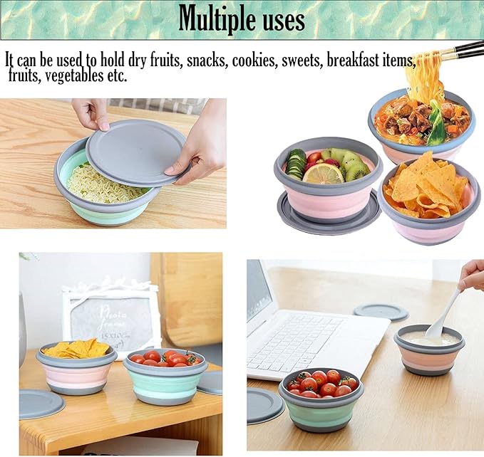 RMAMSCOV Camping Bowl, 3 PCS Food Grade Silicone Collapsible Bowl Lunch Box Salad Bowl with Lid, Expandable Food Storage Containers Set with Free folding tableware and storage bag (Pink)