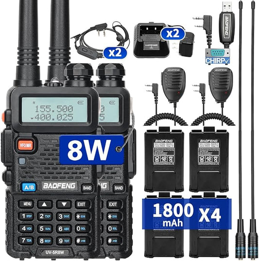 Baofeng UV-5R 8W Ham Radio Long Range UV5R Dual Band VHF UHF Handheld High Power Walkie Talkies with 4Pack Battery,Programming Cable,Speaker Mic and Headsets Two Way Radio,2Pack
