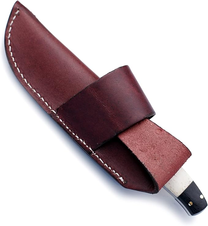 Handmade Damascus Steel Knife Bowie for Hunting,Survival,Camping,Bushcraft and Fishing Fixed Blade withDrop Point-Full Tang Bone Handle with Cowhide-Leather Sheath - WKD-775
