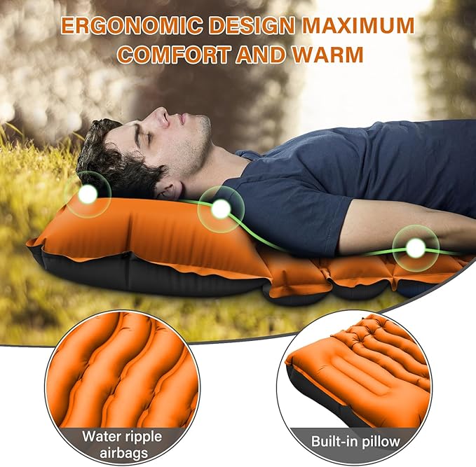 Camping Sleeping Pad, Ultralight Camping Pad with Pillow, Built-in Foot Pump Inflatable Sleeping Pad, Compact Size for Camping, Backpacking, Hiking - Orange