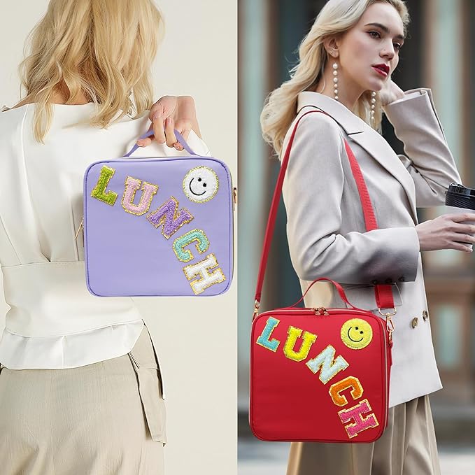 Insulated Lunch Bag Women Lunch Box Kids for Teen Girls Boys, Cute Preppy Lunch Boxes With Adjustable Shoulder Strap, Waterproof Nylon Lunchbox Lunch Bags for School Work Picnic (Purple)