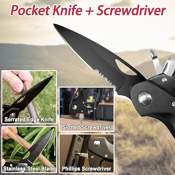 Carabiner Multitool 7-in-1, Carabiner with Pocket Knife, Serrated Folding Knife, Rope Cutter, Bottle Opener, Window Breaker, Screwdriver, Unique Gifts for Men, Outdoor Survival Gear, Camping Hiking